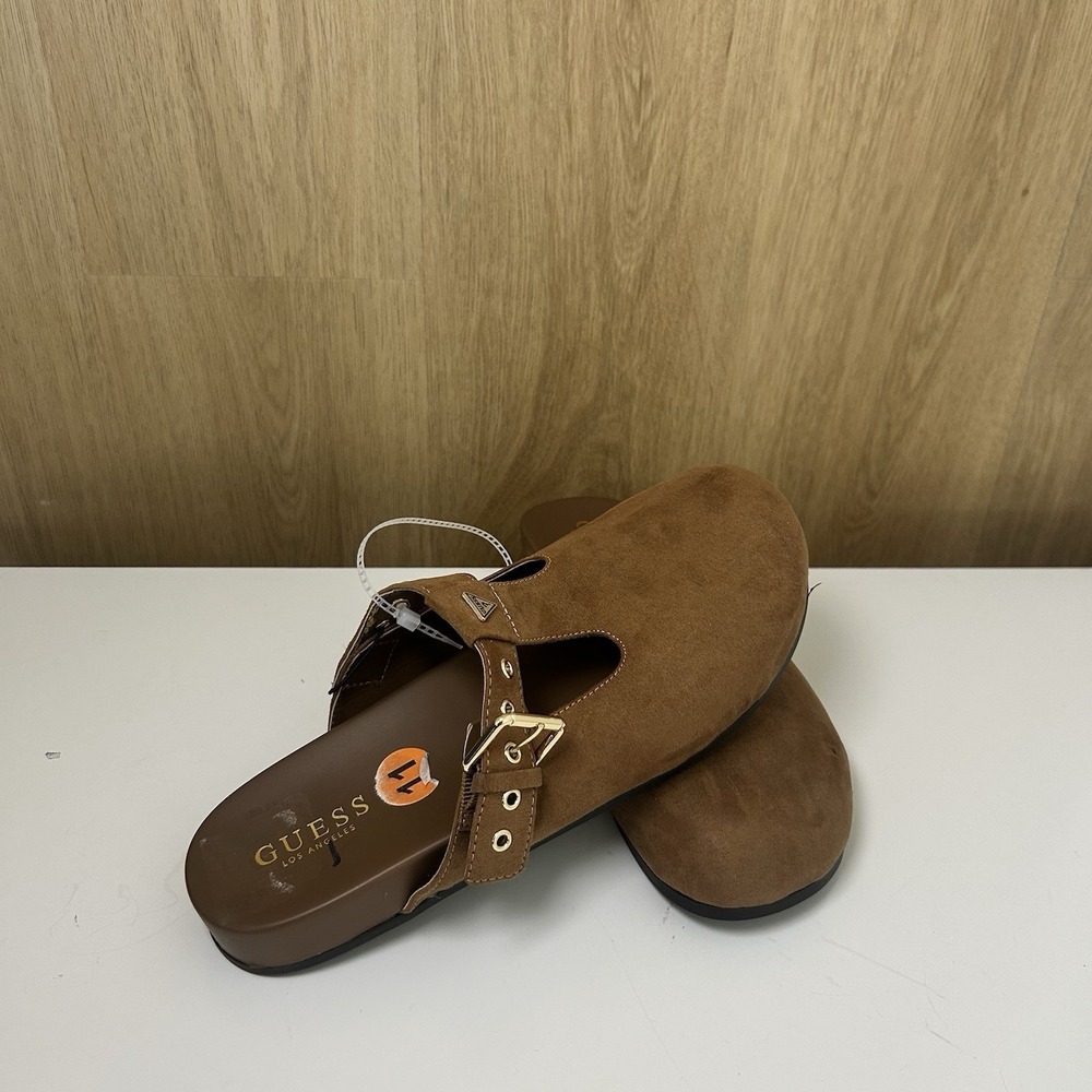 Guess Los Angeles Womens Brown Faux Suede T-Strap Clog Mules Gold Buckle Size 11